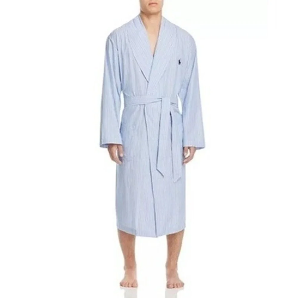 Polo‎ Ralph Lauren Robe Men L/XL Blue Striped Cotton Sleepwear Loungewear
